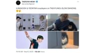 Doppelgangers of Jung Kook and V's Pomeranian dog make appearances in the M/V. (Image via X/ @purplesNgreen)